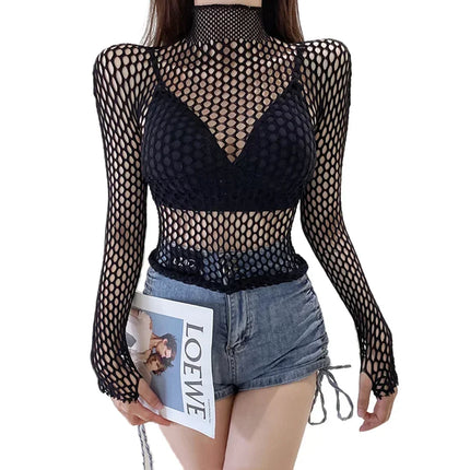 FY108 Sexy Black Fishnet Mesh See Through Women Skinny Goth Hollow Out Long Sleeve Shirts Crop Top T-Shirt Streetwear Gothic