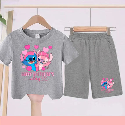 Disney 2026 Summer Round-neck Short-sleeved Set Girl Stitch Printed T-shirt Fashion Child Top+Shorts Casual Daily Sportswear Set
