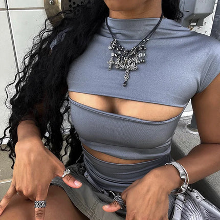 Sexy Wrap Chest Hollow Out Turtleneck Slim T-Shirt Women Short Sleeves Bottoming Shirt Ladies Tee Shirt Tops Camisetas Mujer