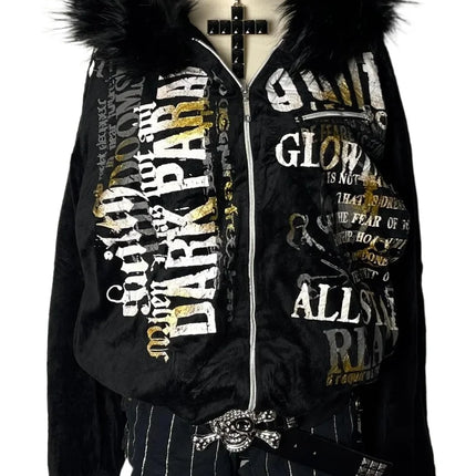 Harajuku Oversized Letter Printing Plus Velvet Padded Hooded Sweater Women Y2K Rock  Vintage Casual Street Joker Sweatshirt