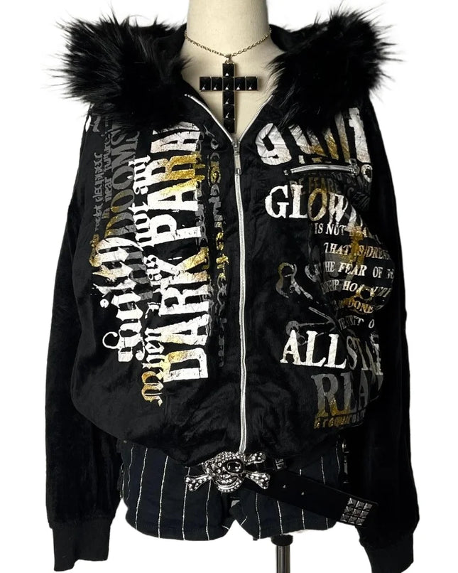 Harajuku Oversized Letter Printing Plus Velvet Padded Hooded Sweater Women Y2K Rock  Vintage Casual Street Joker Sweatshirt