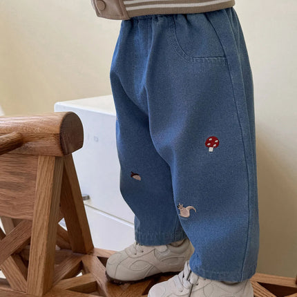 2026 Fall New Toddler Kids Pants Cotton Cartoon Embroidered Harem Pants Baby Boy Casual Striped Denim Baggy Trousers