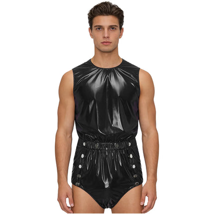 Mens Sleeveless Glossy PVC Leather One-piece Romper Jumpsuit Waterproof Bodysuit Buttons Openable Crotch for Clubwear Swimming