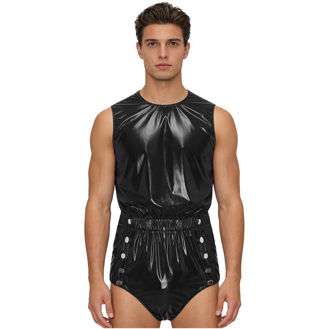 Men's Sleeveless Glossy PVC Leather One-Piece Romper Jumpsuit Waterproof Bodysuit with Buttons and Openable Crotch for Clubwear and Swimming