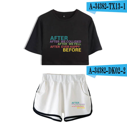 Youthful Black White After We Collided Girl Dew navel Two Piece Set Sexy Short Sleeve Crop T-shirts+Shorts Pants Tracksuit
