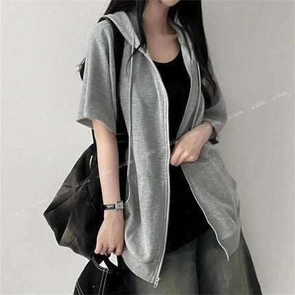 Women's Half Sleeve Zip Up Hoodie Loose Fit Casual Oversized Hooded Sweatshirt with Pockets