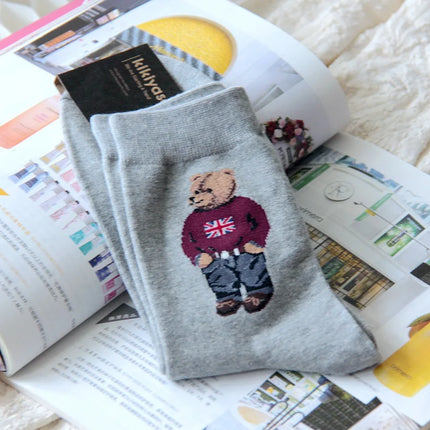 Cute Trendy Cartoon Bear Mid-Calf Cotton Socks for Women Casual Sweater Adult Female Bear Socks Comfortable Breathable Home Wear