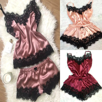 Sexy Hot Erotic Home Wear Women Pajamas Women Sleepwear Sleeveless Strap Fashion Nightwear Lace Trim Satin Cami Top Pajama Sets