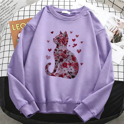 Love Cat Gothic Womens Solid Hoodies Basic Warm Fleece Sweatshirt Soft Breathable O-Neck Pullover Casual Female Clothes
