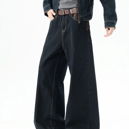 New Washed Straight Jeans Men's Trendy Solid Color American Style Wide Leg Denim Trousers Versatile Casual Pants