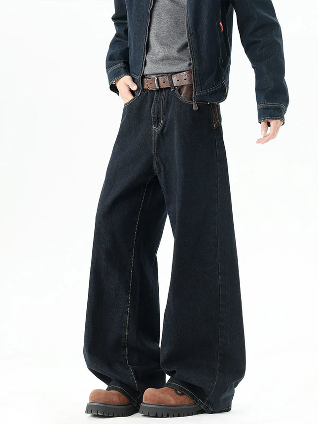 New Washed Straight Jeans Men's Trendy Solid Color American Style Wide Leg Denim Trousers Versatile Casual Pants