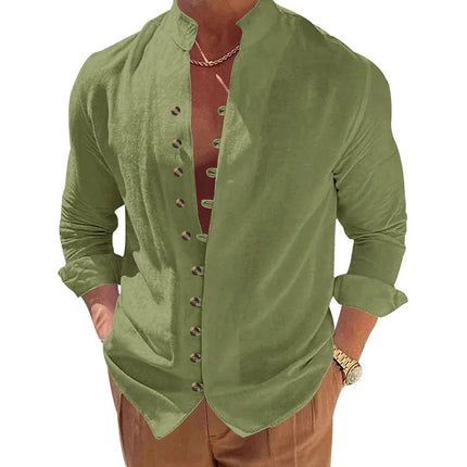 Men's Cotton Linen Shirt Men's Casual Loose Fit Long Sleeve Vintage Retro Button Down Shirt Hawaiian Beach Shirt