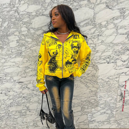 Vintage Yellow Fashion Print Zip Up Hoodies Harajuku Hip Hop Long Sleeve Coats Loose Hooded Sweatshirt Men and Women Streetwear