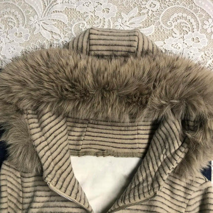 Punk Coat Y2k 2000s Vintage Faux Fur Collar Hoodie Zip-Up Woman Sweatshirts Goth Stripe Hot Girl Coat Winter Jackets Hip Hop Emo