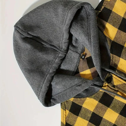 Men's Shirts Classic Plaid Casual Button Down Hooded Long Sleeved Double Pockets Shirt Hoodie Flannel Jacket Spring Autumn Tops