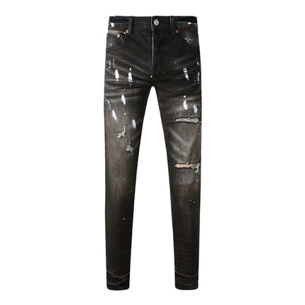 High Street Men's Jeans American Distressed Dark Black Coated Blank Stretch Skinny Button Fly Ripped Pants Trousers