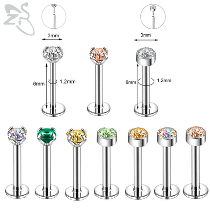 ZS 6-13PCS/LOT 16G Stainless Steel Lip Labret Piercing Set Crystal Monroe Lip Stud Ear Tragus Helix Cartilage Piercing 6/8/10mm