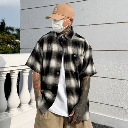 Chicano Style Plaid Short Sleeve Shirts Mens Summer Letter Embroidery Pocket Lapel Half-Sleeve Checked Shirt Men