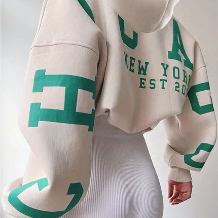 Letter Printed Long Sleeve Hoodie,Ladies Spring Fall Casual Drawstring Sleeve Hooded Regular Fit Drop Shoulder Women Hoodies