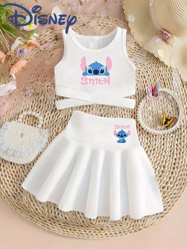 Disney Official Stitch Girls' Summer Crisscross Tank & Skirt Set. Breathable, casual, versatile sporty style. Best gift!