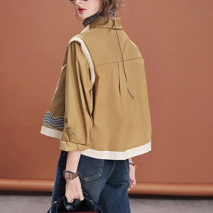 Women Embroidered Short Shirt Loose Fit Blouse Cropped Casual Cotton Top Long Sleeve Fashion Streetwea