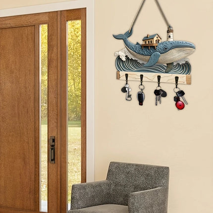 1 Piece 2D Wooden Hanging Decoration with Household Key Hook Whale Pattern Wooden Key Hangers Wall Wall Mount Room Decoration