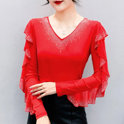 2025 Autumn New Style Mesh Tops Korean Fashion Round Neck Ruffles Shirt Lotus Leaf Edge Hot Diamond Long Sleeve Women T-Shirt
