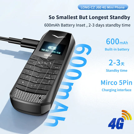 Super Mini Phone J60 4G Network Mobile Phone Wireless Bluetooth Keyboard Pocket Cellphone Alarm Clock SOS MP3 Player Recorder