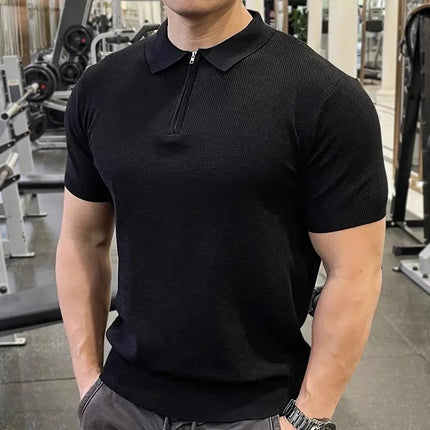 Business Casual Summer New Style Short Sleeve Polo Shirt Men's Knitted Slim Fit Collared Top Trendy Ins Style AE Stock
