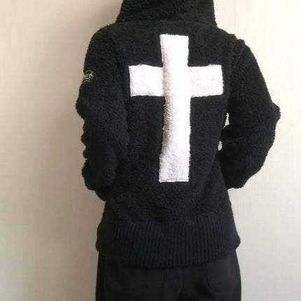 Y2k Lamb Wool Jackets Women Gothic Hoodies Cross Skull Grunge Zipper Sweatshirts Vintage Casual Hooded Coats Haraiuku Streetwear