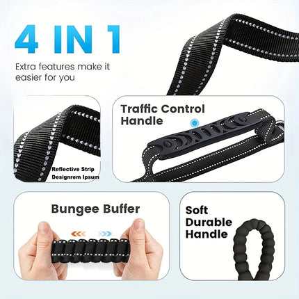 Tactical Dog Leash Heavy Duty for Medium Large Dogs Strong Bungee No Pull Dog Leash with Padded Double Handle and Car Seatbelt