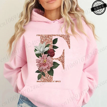 Rose Gold Letter A~Z Printed Women's Sweatshirts Hoodie Fashion Women Hooded Hoodies Casual Harajuku Streetwear Pink Clothing