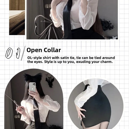 Sexy Pure Desire Summer Top Skirt Set Secretary Style OL Career White Shirt Women's Slim Fit Casual Fashion V-neck Polyester