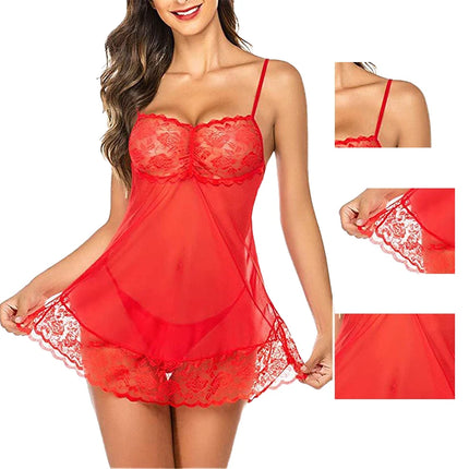 Women's Tight Fitting Sexy Transparent Lace Mesh Suspender Pajamas Women's Lace Erotic Set Dress Pajama Set