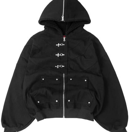 Black Hooded Jacket with Zipper And Metal Buckle Wool Lined Warm Casual Streetwear Loose Work Pants Winter Fashion Set