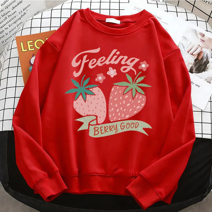 2026 Fashion Strawberry Womens Hoodies Basic Warm Fleece Sweatshirt Soft Y2k O-Neck Pullover Casual Female Clothes