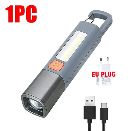 Strong Lighting ABS Flashlamp USB Rechargeable Zoomable Waterproof Outdoor EDC Torch with Hook  Long-range Emergency Lantern