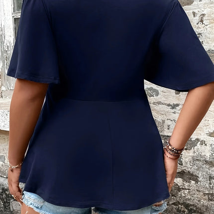 Plus Size Summer European and American Style Shirt for Women Casual Cute Solid Ruffle Neck Curve Clothing Tops