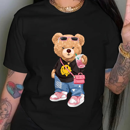 kawaii Little Bear Print T-shirt Short Sleeve Crew Neck Casual Top for Summer Spring Women's Clothing Shirt