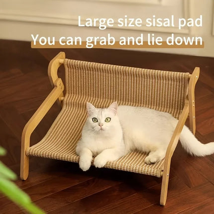 Large Sisal Cat Scratcher Lounge Bed, Off-Ground Breathable Cat Hammock, 2-in-1 Scratch & Rest Sofa, Durable Wooden Frame Cat Be