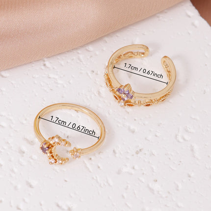 2PCS Charm Simple Light Purple Cubic Zirconia Star Moon Design Open Ring Set Elegant Women's Dating Daily Jewelry
