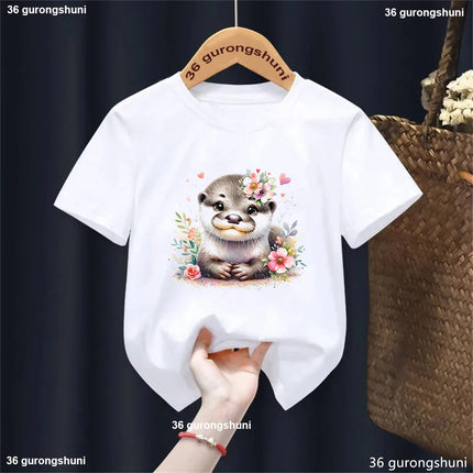 Harajuku Kawaii Kids Clothes Funny Otter Love Flowers Animal Printed T-shirt Girls/Boys Summer Fashion T-shirt Tops