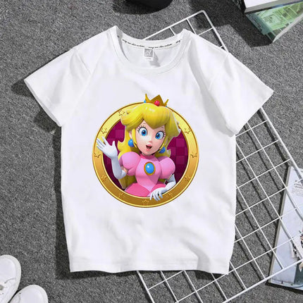 The New 2026 Super Mario Mary Cartoon Parent-child Outfit Male and Female Students Summer White T-shirt with Short Sleeves