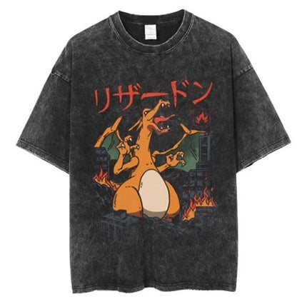 Pokemon Anime Retro Washed T-shirt Cotton Men's and Women's Summer New T-shirt Y2K Loose Casual Short Sleeved Top Clothing