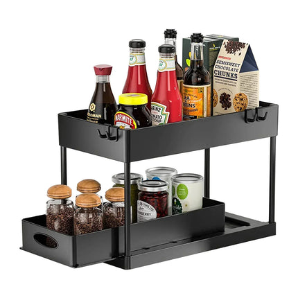 2Tier Under Sink Organizer Sliding Cabinet Basket Pull Out Kitchen Storage Rack with Hooks Bathroom Shelf Multifunctional Holder