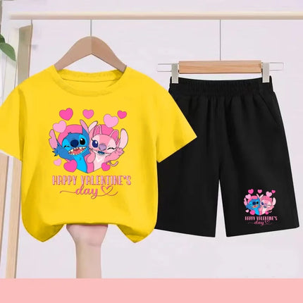 Disney 2026 Summer Round-neck Short-sleeved Set Girl Stitch Printed T-shirt Fashion Child Top+Shorts Casual Daily Sportswear Set