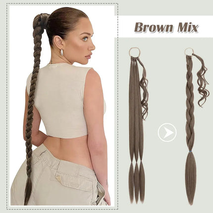 Snoilite Synthetic Long Twist Braid Ponytail Extensions With Rubber Band 34" Boxing Braided Hair Extensions For Women Daily Use