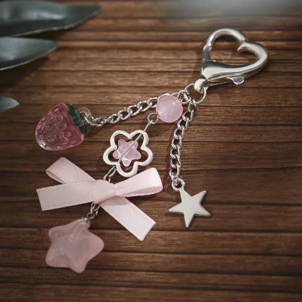 Cute Anti Loss Keychain Y2K Fashion Creamy Style Sweet Bag Small Pendant Fresh Butterfly Bow Pink Star Beaded Buckle Decoration