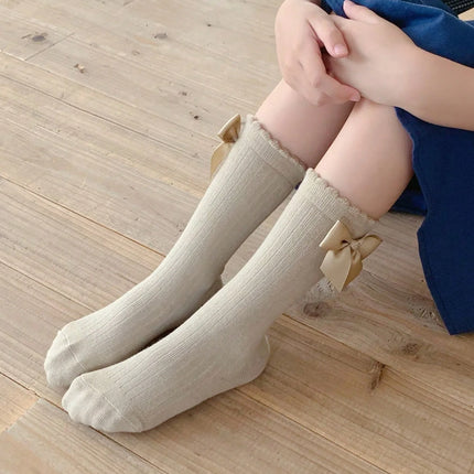 2 Pairs Girls Socks with Side Bowknots Decoration,Fashion Soft and Breathable Non-Slip Princess Stockings for 0-72 Months Babies