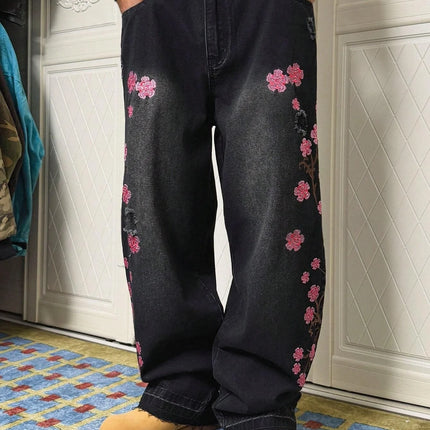 Men's Black Vintage Loose Wide-Leg Jeans, Four-Season Street-Style Ripped Denim Pants with Cherry Blossom Embroidery
